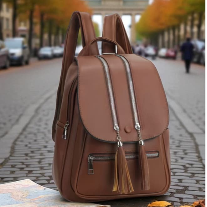 Mochila Bolsa Feminina Media Pra Viagem Passeio Casual em Couro Sintético com Zíper Duplo e Tassel C-10