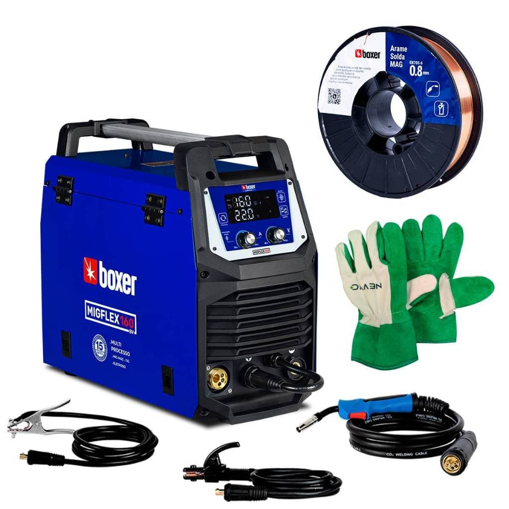 Kit Máquina de Solda 160Amp Bivolt Migflex160 + Arame 5kg Com Gás Rolo Boxer + Luva Multiuso NEVVO