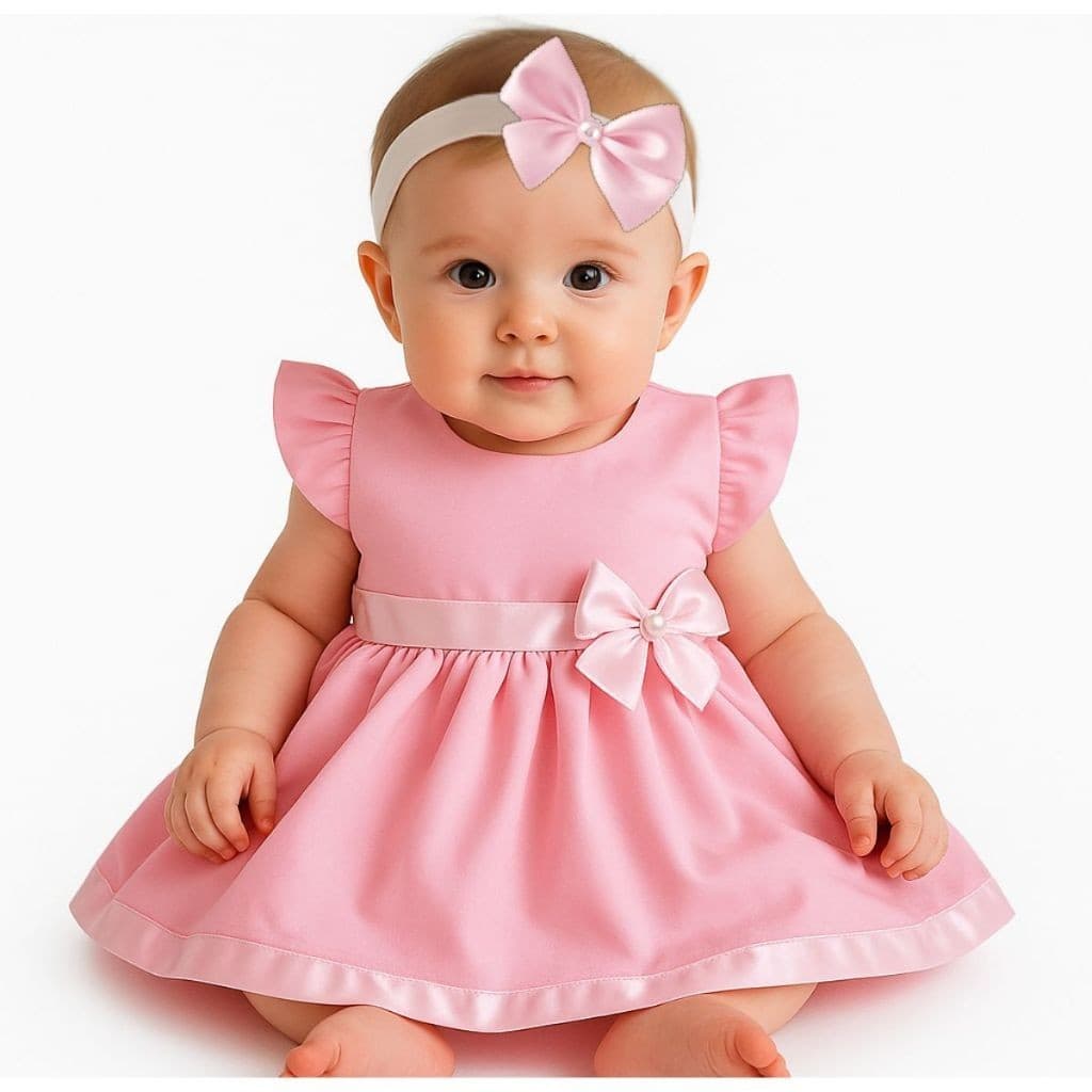 Kit Vestido para Bebê Menina Princesa Vestido + Lacinho de Cabeça 100% Algodão Diversas Cores