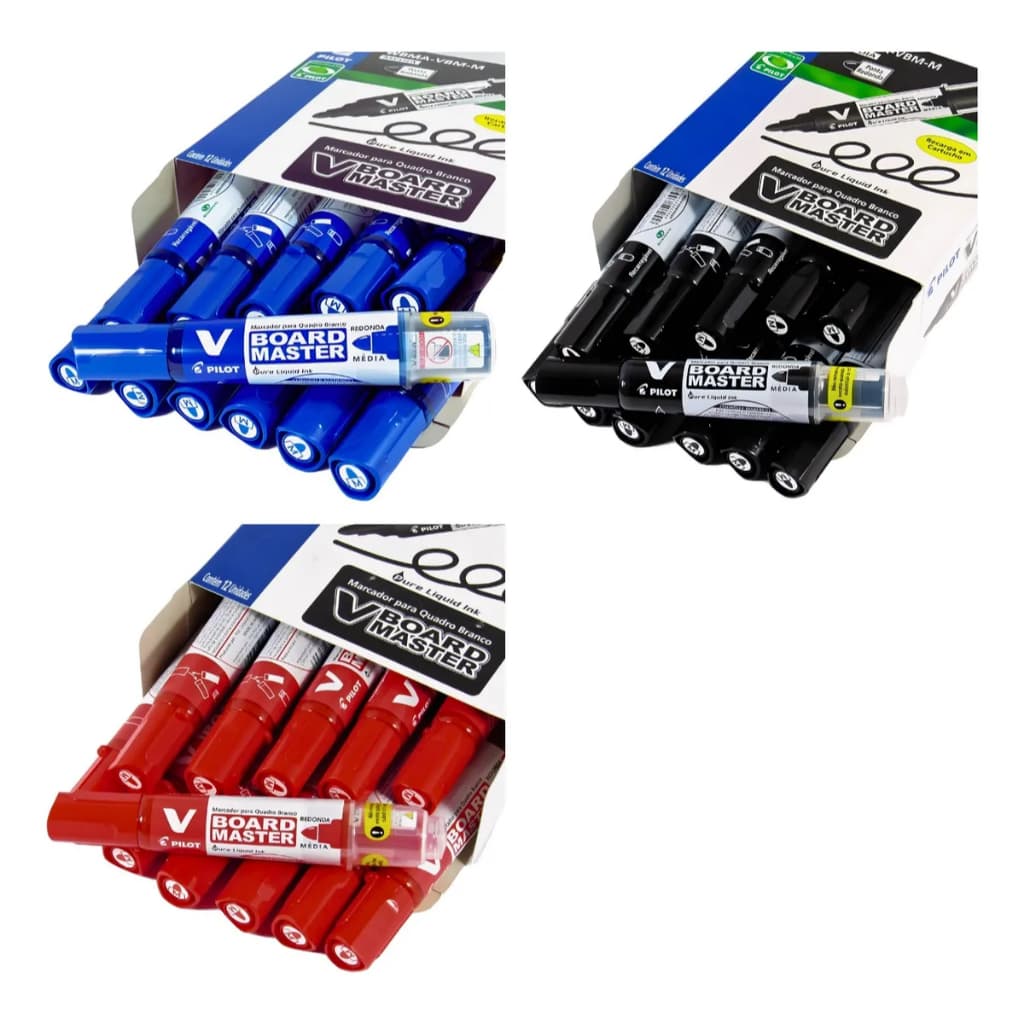 Kit 12 Marcadores Pilot V Board Master Quadro Branco Recarregável –Pincel Atômico Escolar Escritório