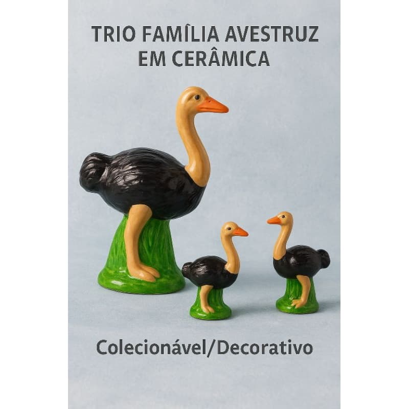 Trio Família Avestruz em Cerâmica – Colecionável/Decorativo