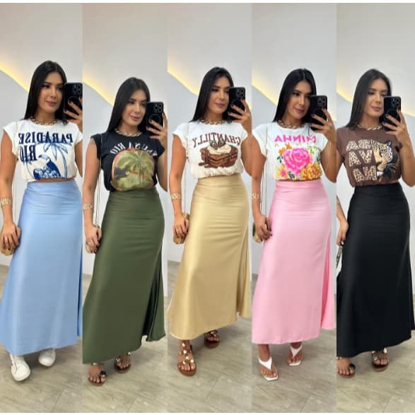 Saia De Cetim RODADA Feminina Casual De Cintura Alta Bolsos Fluida Lançamento