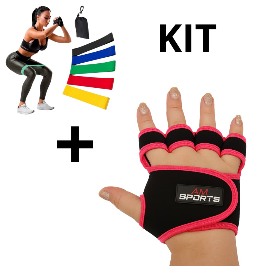 KIT 1 Par de Luvas + 5 Elástico Treino Mini Band para Academia Masculino/Feminino.