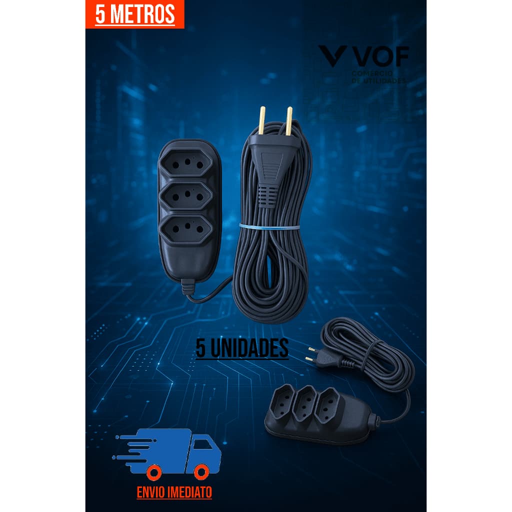 Kit 5 Extensão Elétrica 5 Metros Bivolt 110v 220v Com 3 Entradas