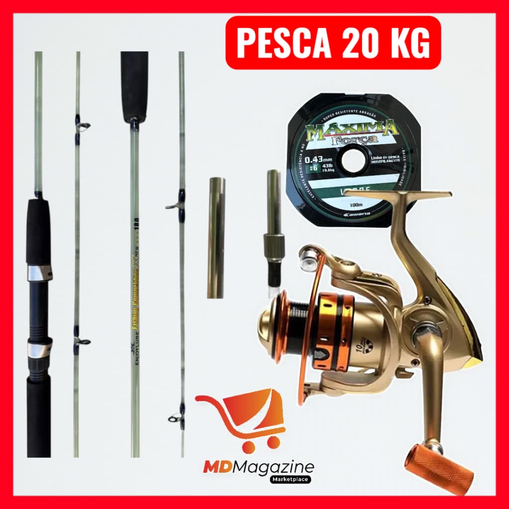 Kit Pesca 20 Kg Molinete Alumínio Vara Maciça 40 Lbs - Linha 0.43