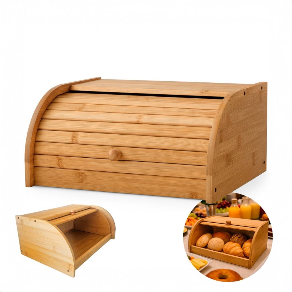 Porta Pães Com Tampa Retrátil 30x25x18cm Mantém Pães Frescos Por Mais Tempo Moderno Em Bambu