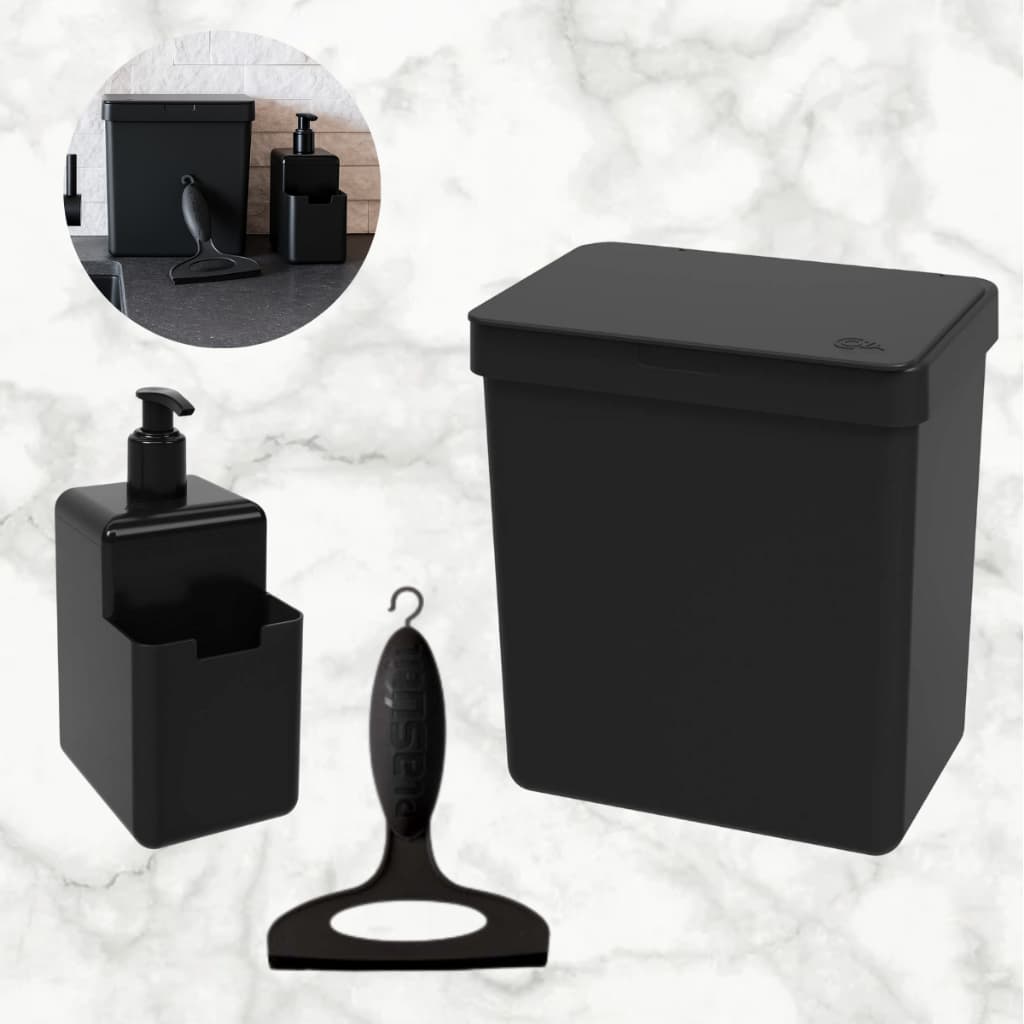 Kit 3 Peças Lixeira + Dispenser e Rodinho Pia de Cozinha Organização Esconde Sacola Bucha Detergente