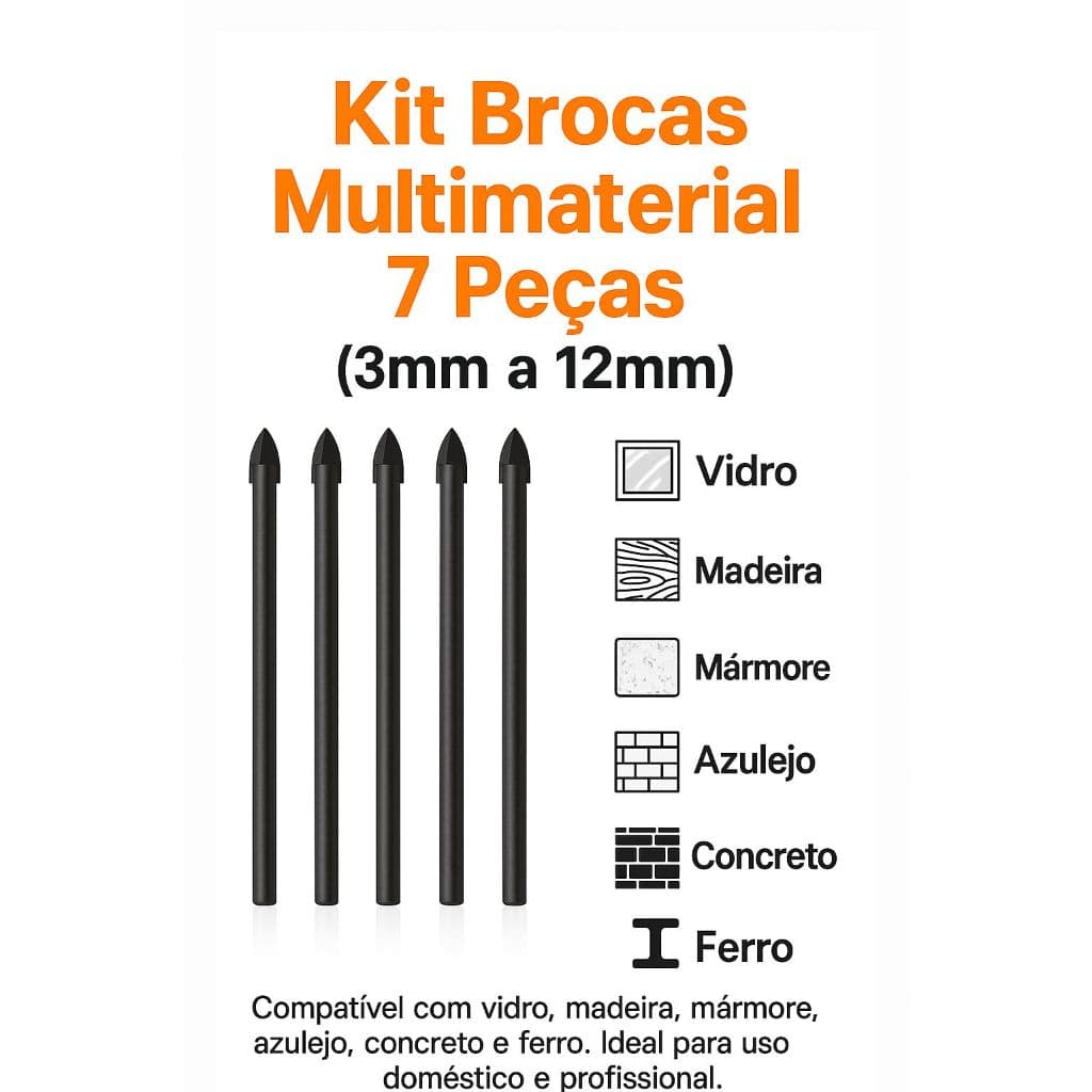 Kit Brocas Multimateriais Vidro Madeira Concreto Mármore Azulejo 3-12mm (7 Unidades)