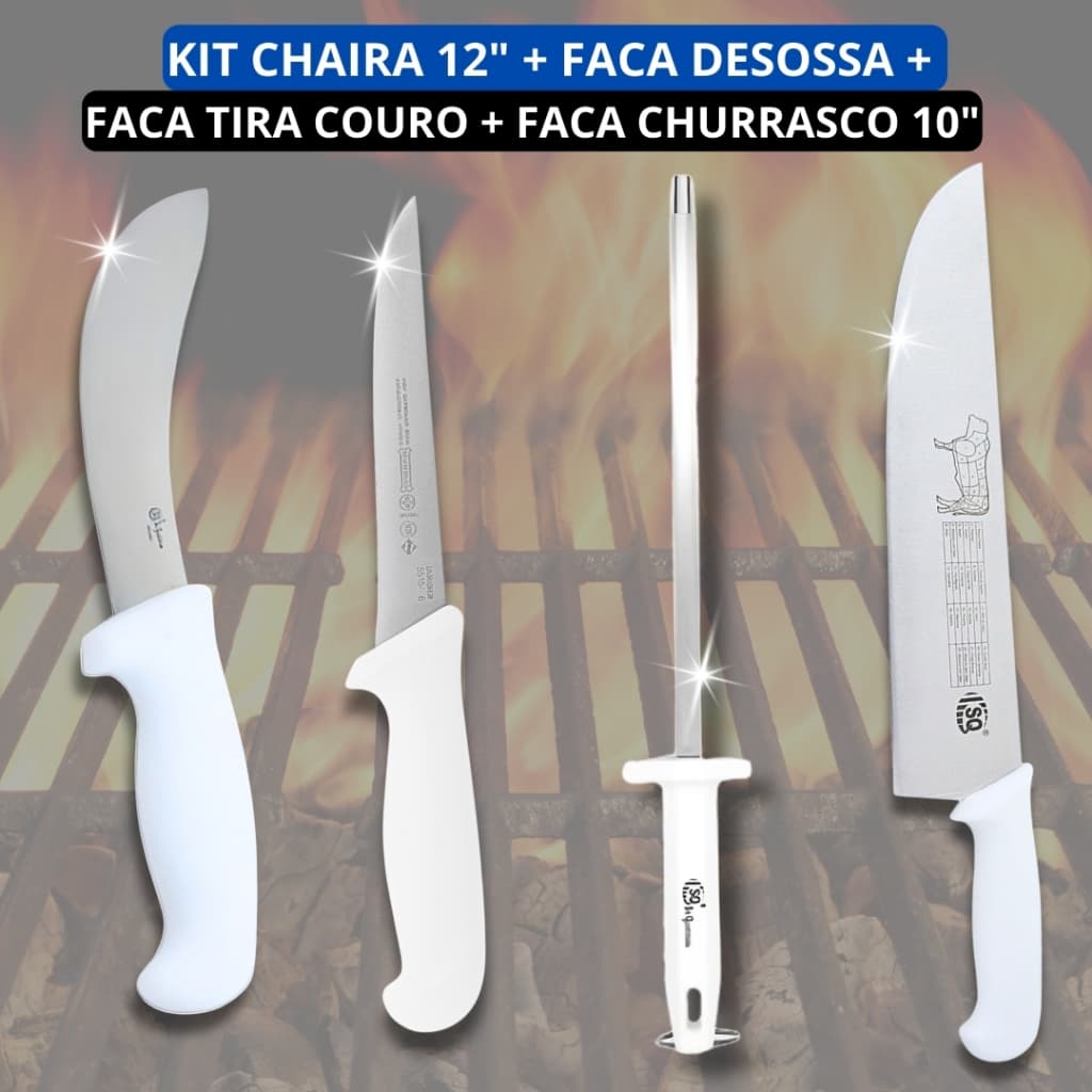 Kit Churrasco Faca de Churrasco + Chaira Afiadora + Faca de Desossa Faca Tira Couro Sangria Cozinha