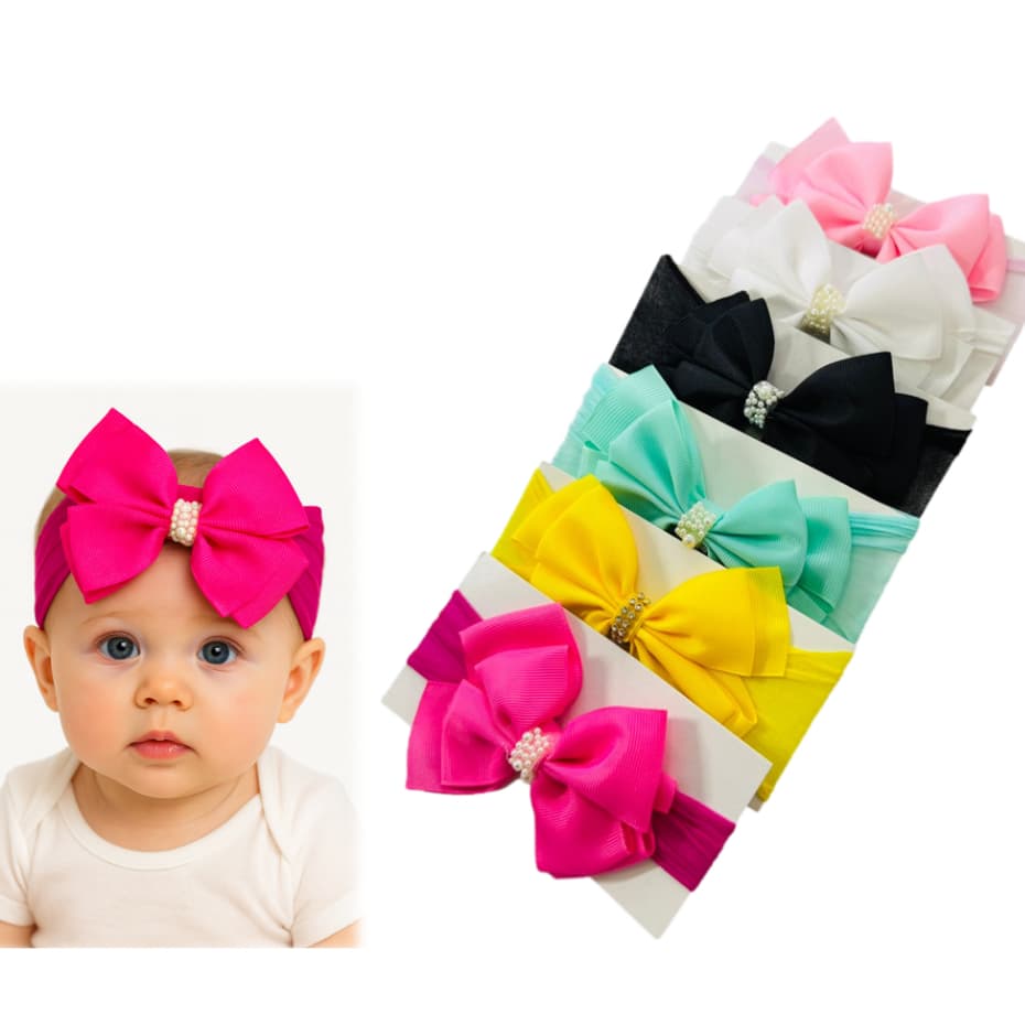 Faixa de Cabelo Infantil Elástica com Laço e Pérolas Confortável Bebê