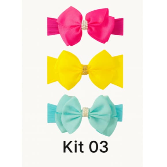 Kit 3 Tiaras Faixa Bebê Menina Elástica com Laço de Pérolas