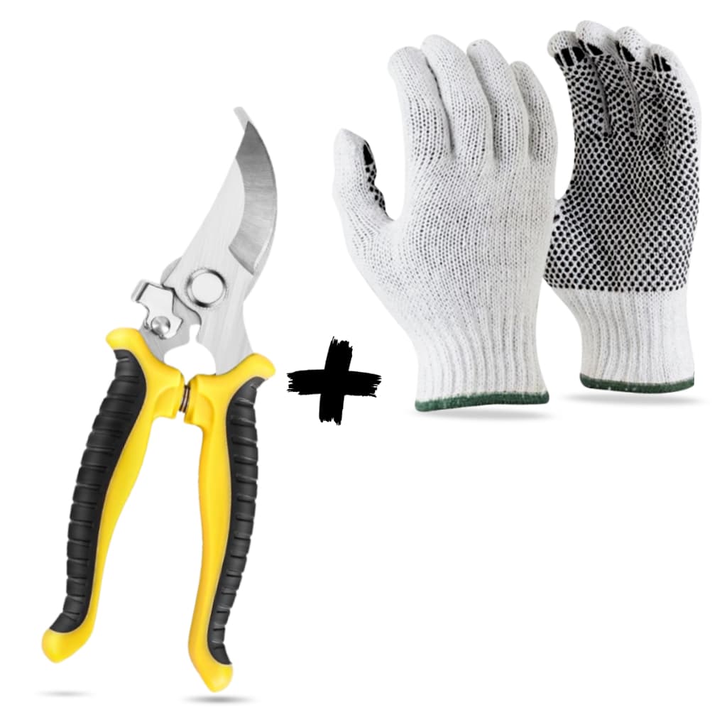 Conjunto Jardinagem Tesoura Corte Fino Luva Universal Antiderrapante Puda Planta Arbusto