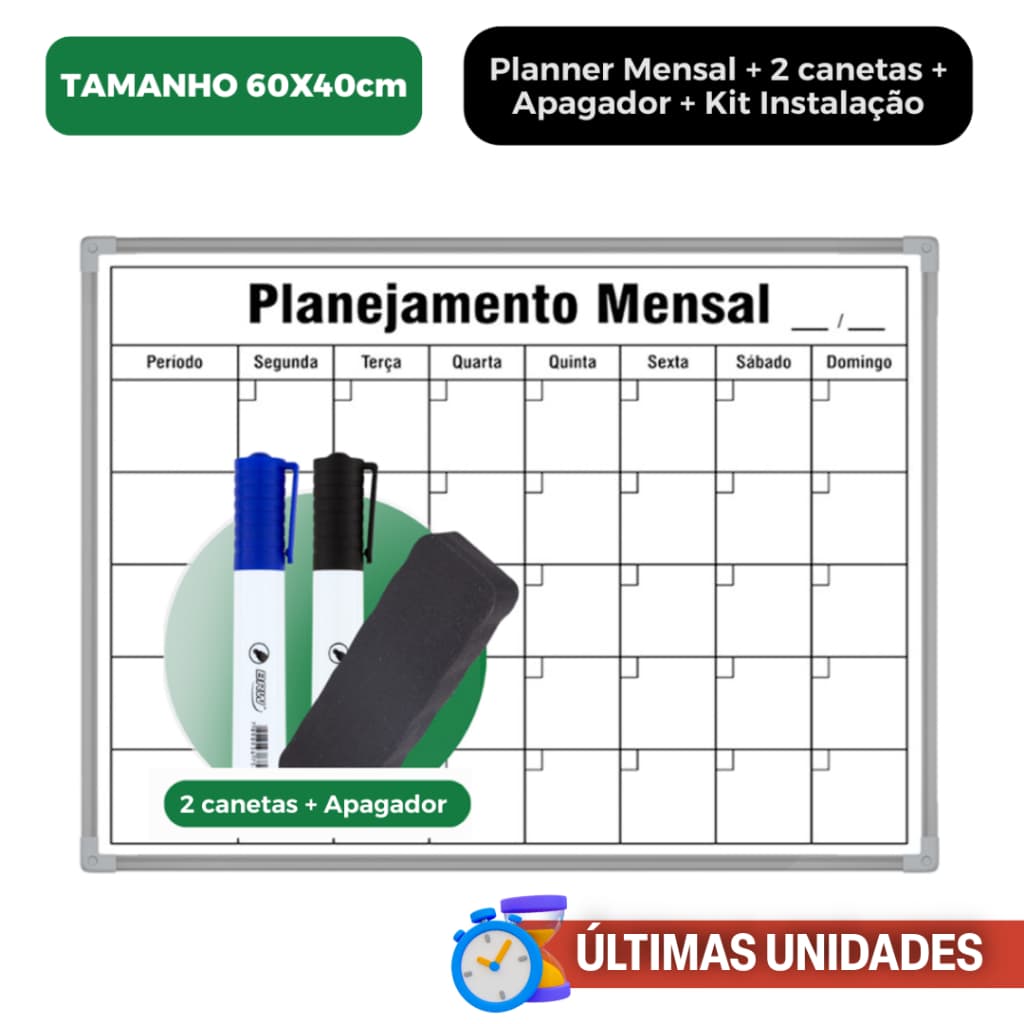 Planner Mensal 60x40cm Organizador de Rotina de Parede + 2 Canetas Marcadores + 1 Apagador