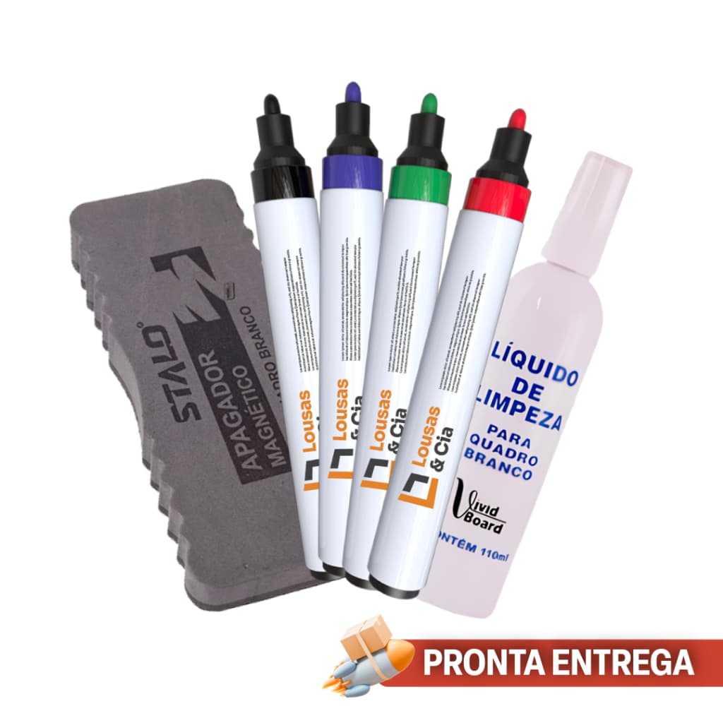 Kit 4 Pincel Quadro Branco Caneta Marcador + Limpador de Tela + Apagador Magnético