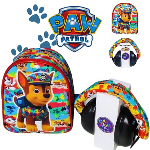 KIT Abafador Acolchoado Personalizado Patrulha Canina Autista + Mochila Protetor ruídos auricular fone abafador