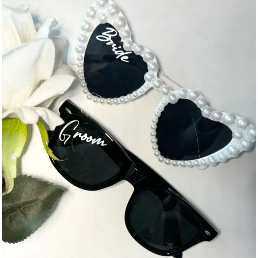 Kit 2 Óculos Coração Pérola Bride Groom  Clássico Noiva Noivo Com adesivo