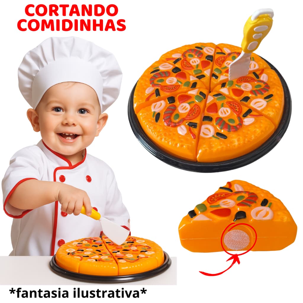 Kit Cozinha Brinquedo Cortar Pizza Para Bebês Fatias de Velcro + Espátula Infantil