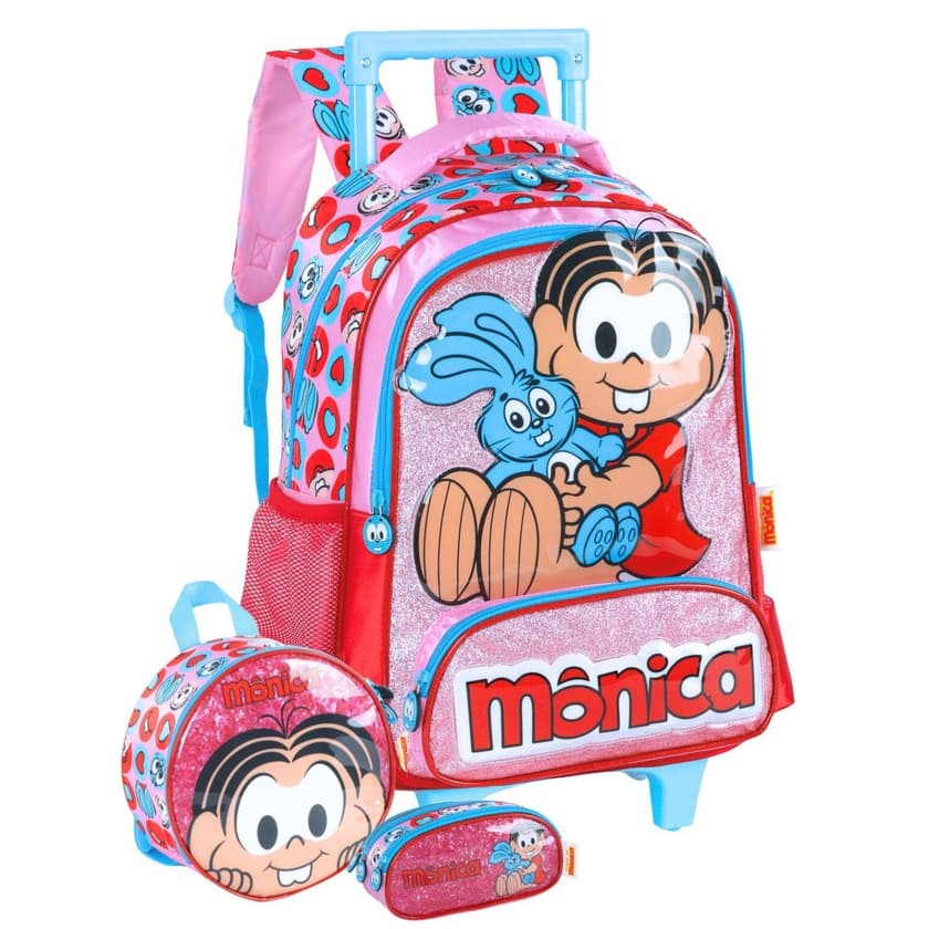 Kit Conjunto Turma da Monica Mochila de Rodas e Costas + Lancheira Térmica + Estojo Triplo