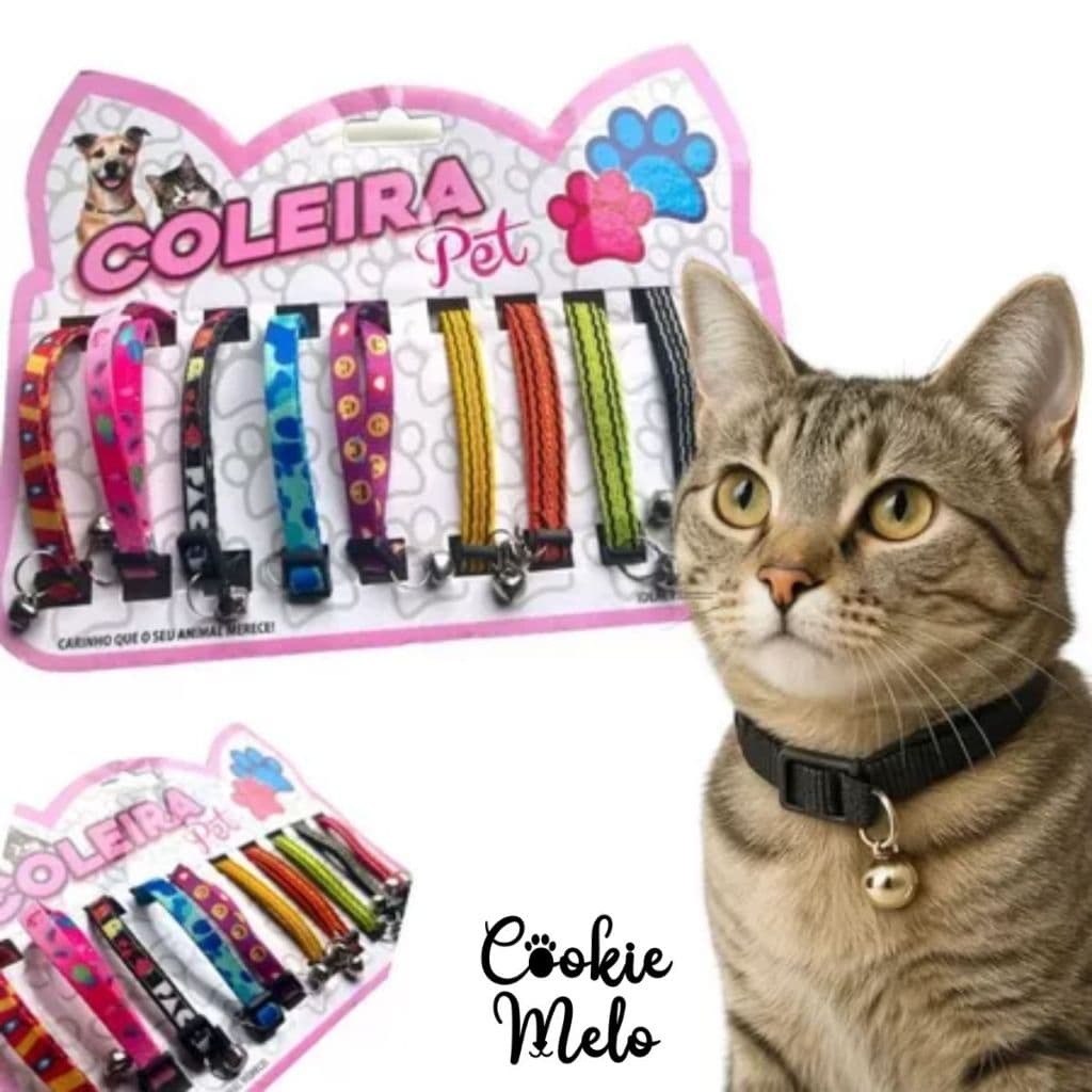 Kit 3/5/10 Coleiras Para Gato Cachorro Pet Ajustável Com Guizo Acessórios Animal Estampas Aleatória