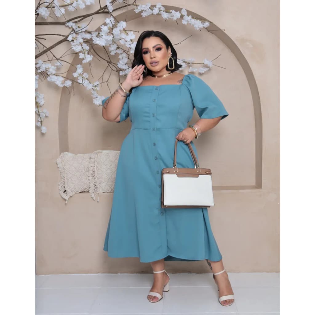 Vestido Plus Size Midi Rodado Manga Princesa Festa Feminino
