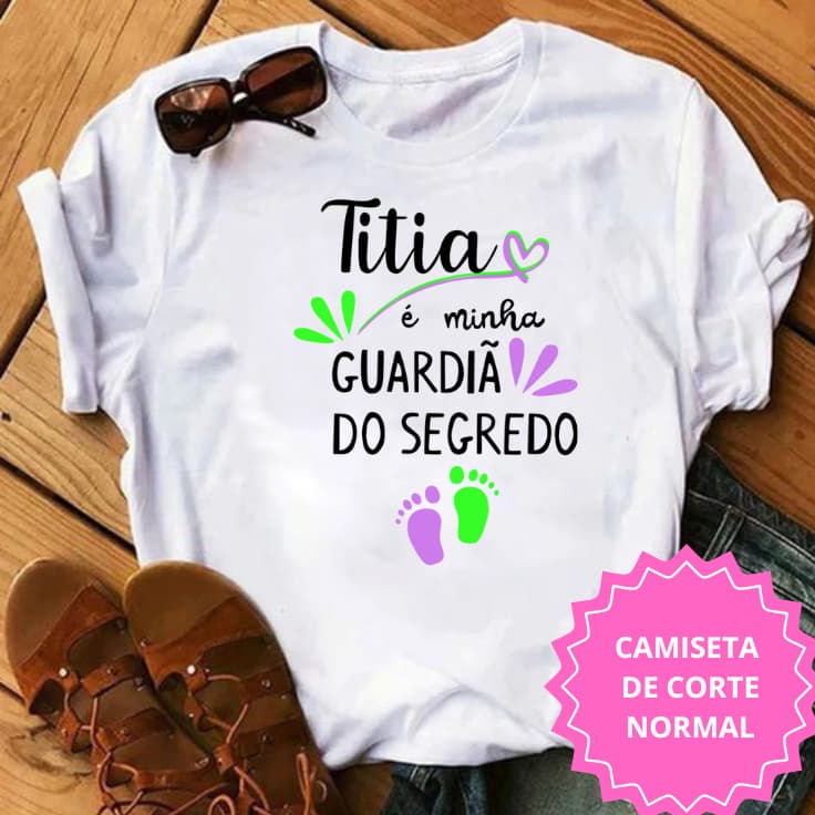 Camiseta Guardiã do Segredo Lilás e Verde Titia / Titio Chá Revelação Infantil
