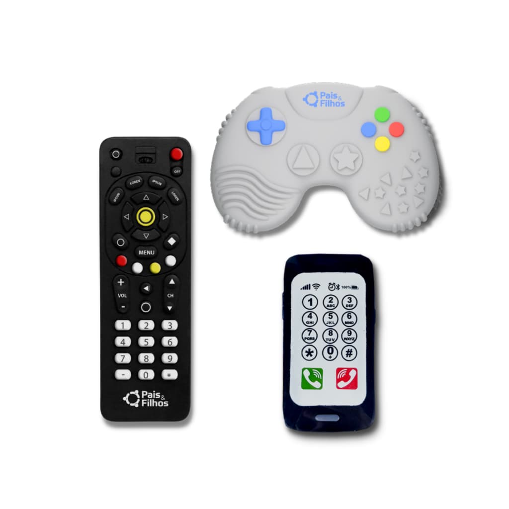Mordedor bebe controle remoto + controle gamer + mordedor celular kit 3 brinquedos alivio coceira