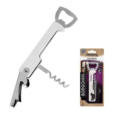 Saca Rolhas Abridor de Garrafas de Vinho Saca Rolhas de Inox 3 em 1 Linha Borgonha 12CM na Cartela