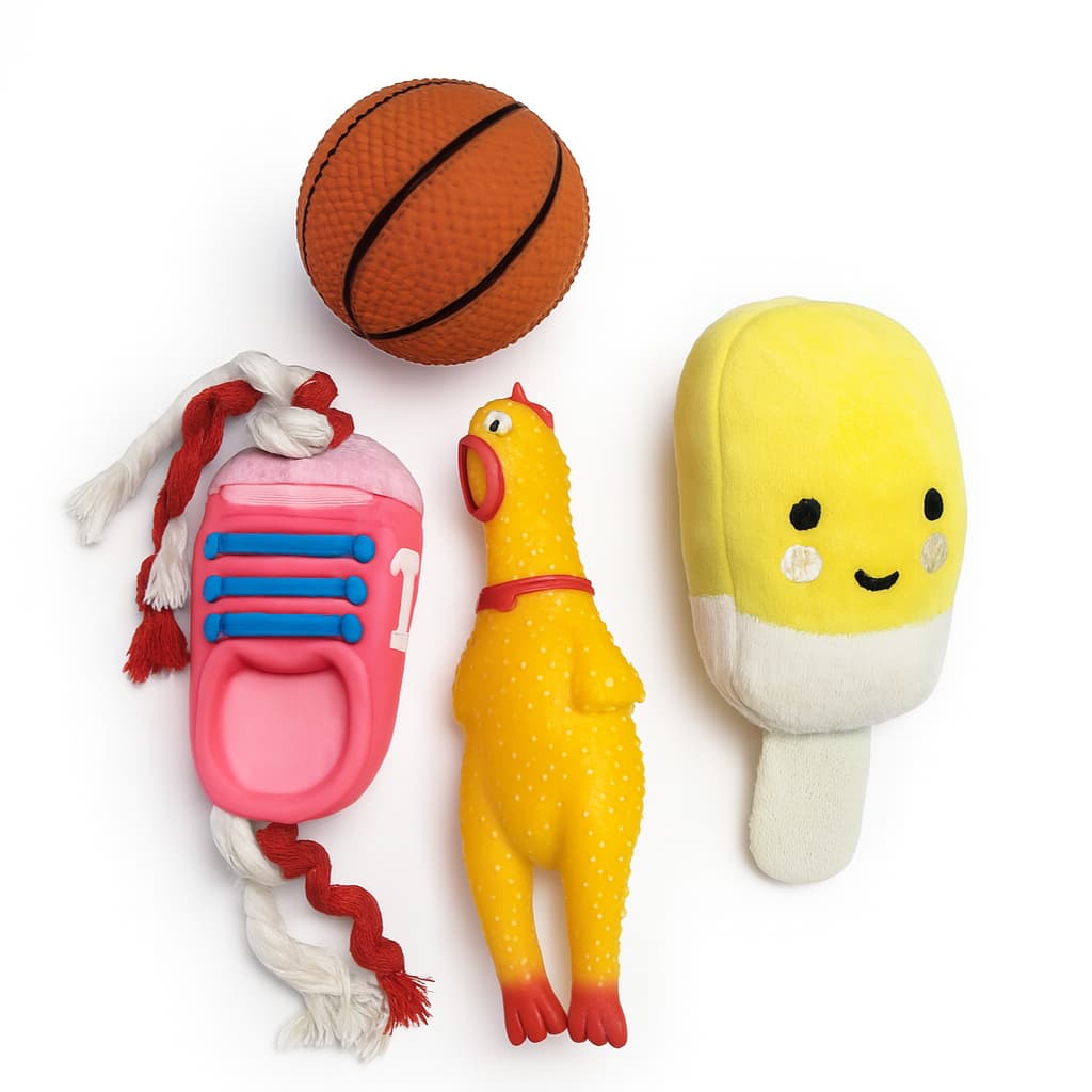 Kit 4 Brinquedos Pet Mordedor Cachorro Pequeno Filhote Anti Estresse Galinha Bola Sapato Pelucia