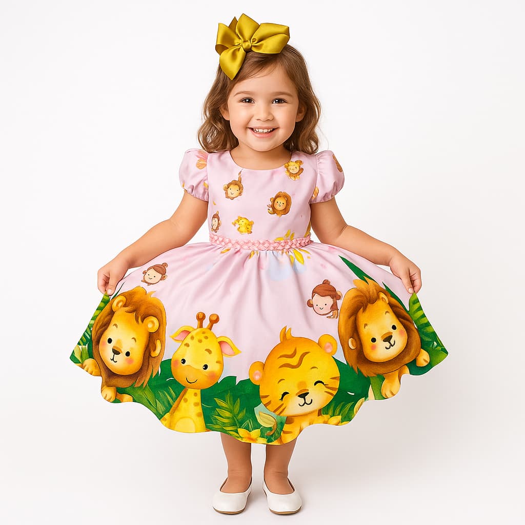 Vestido Safari Infantil Rosa Luxo Festa Aniversário Menina de 1 a 4 anos