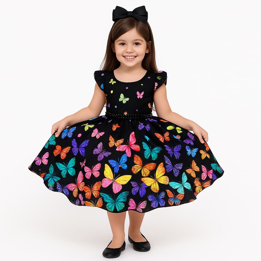 Vestido Neon Infantil Festa Borboletas Coloridas Jardim Encantado de 4 a 16 anos