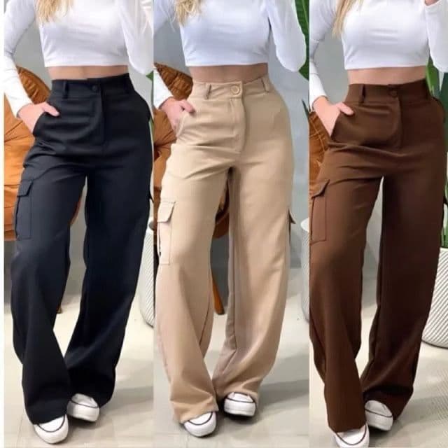 Calça Social Feminina Modelo Pantalona Alfaiataria Cargo Wide Leg Calça Luxo Blogueira Moda