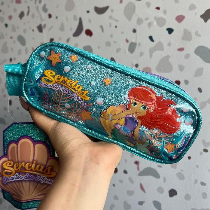 Estojo Duplo Escolar Sereia Encanto Dos Mares Roxo e Verde Água com Glitter Clio Styles