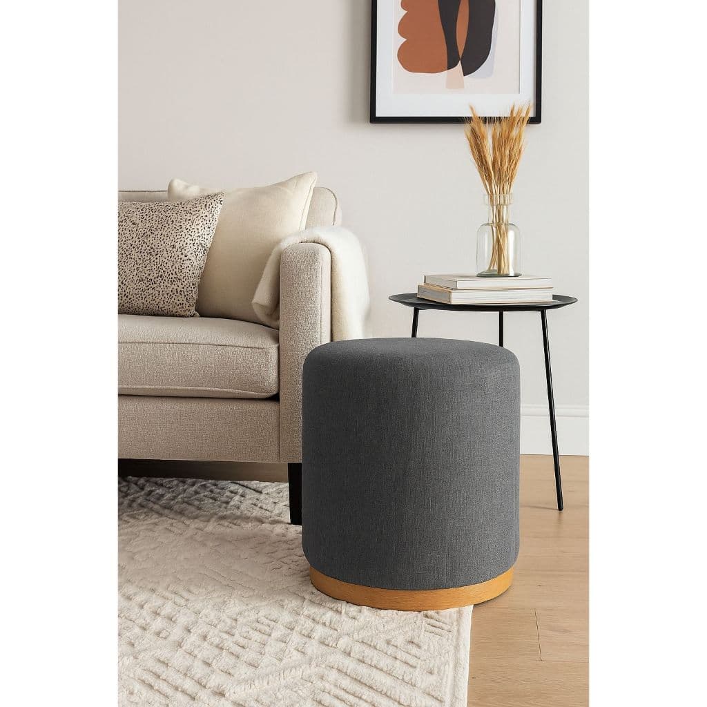 Puff Redondo Grande em Linho Cinza Luxo Decor - Kazza Shop