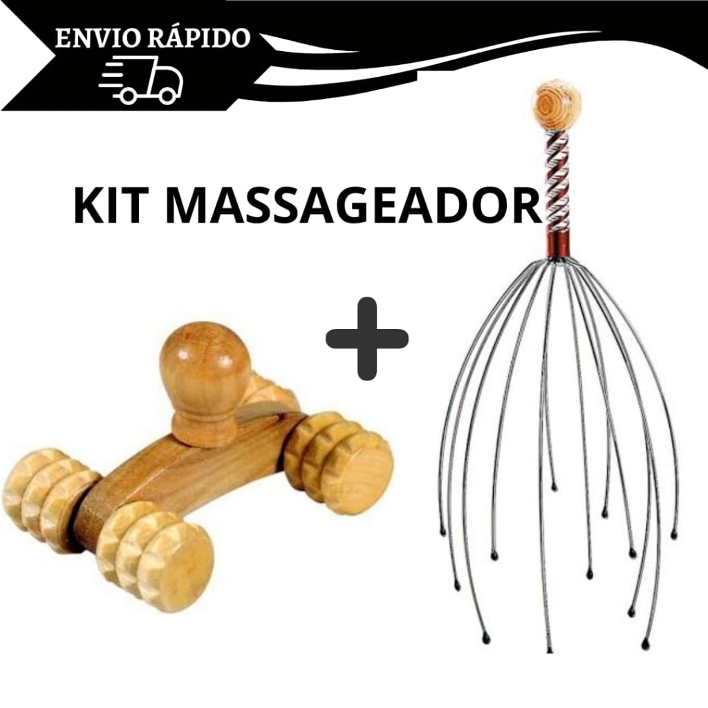 Kit 2 Massageador Carrinho Corporal De Madeira e Massageador de Cabeça Cafuné