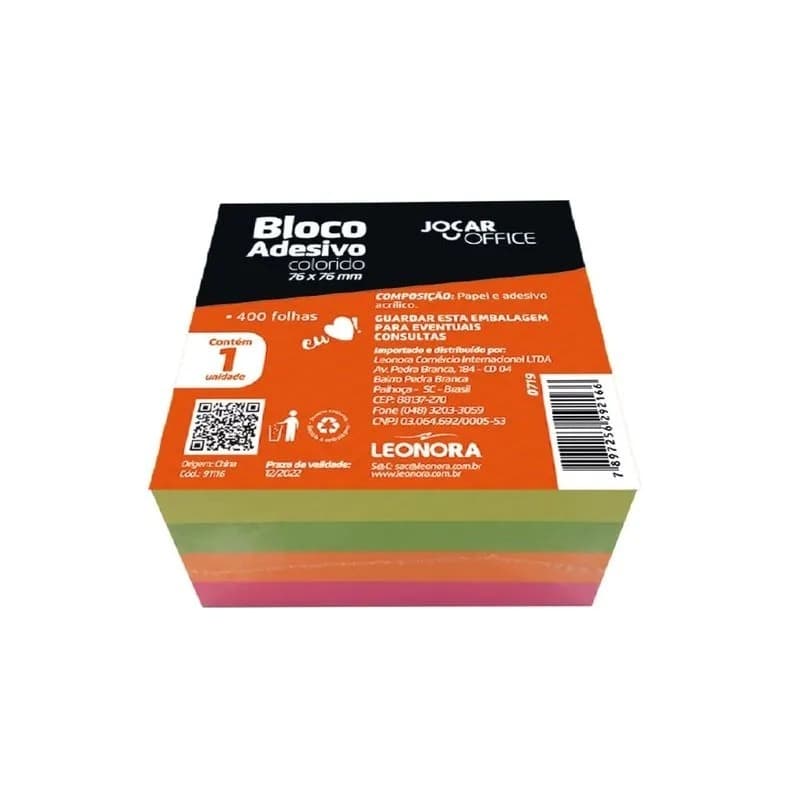 Bloco Adesivo Cubo Colorido 76mmx76mm 4 cores 400 folhas Jocar Office