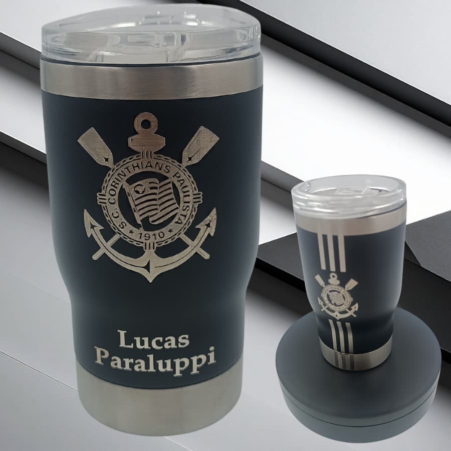 Copo Térmico Long Neck 420ml Corinthians Frente e Verso Personalizado 2 Tampas Abridor de Garrafas