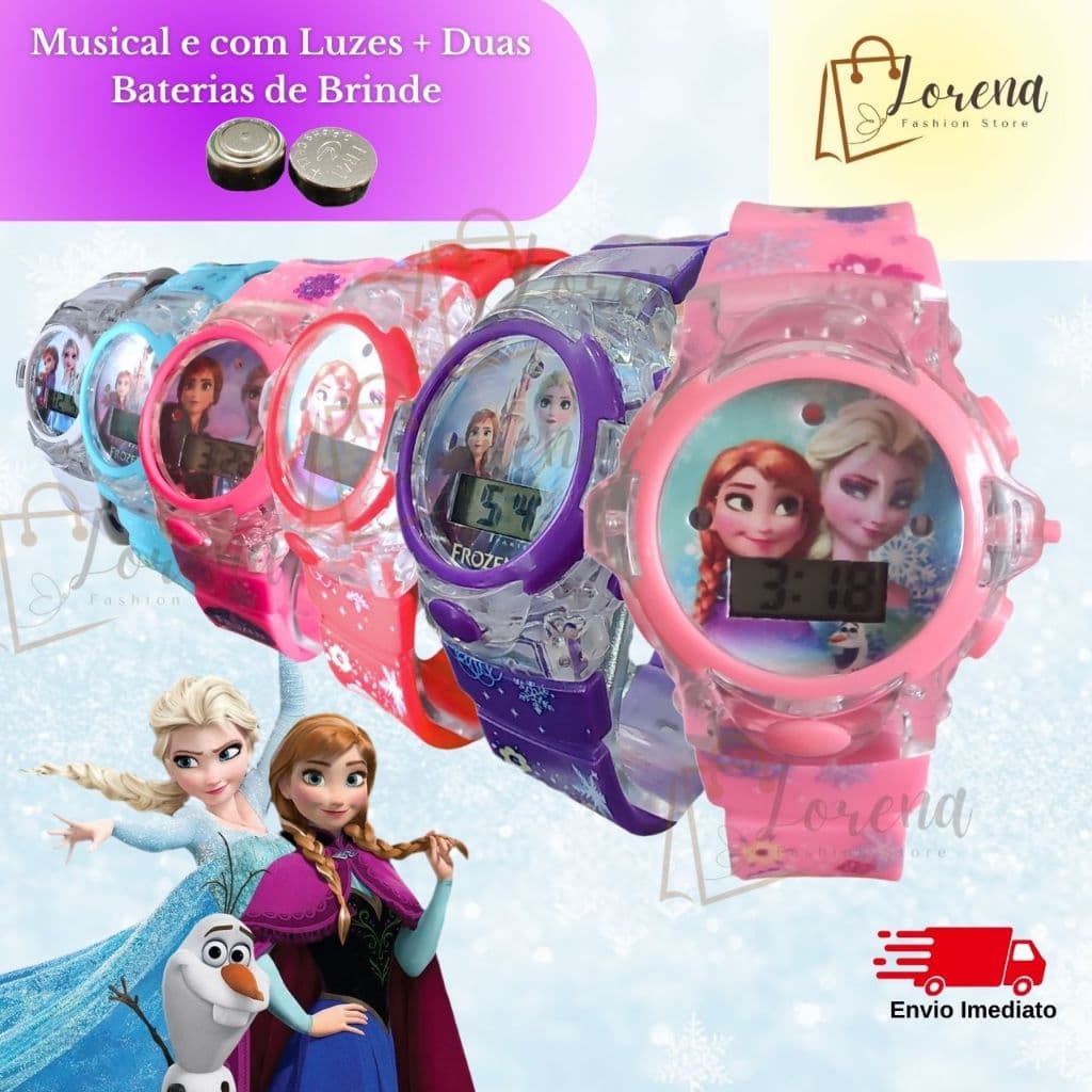 Relógio Frozen De Menina Feminino Digital Rosa Led Luz E Som Colorido Promoção