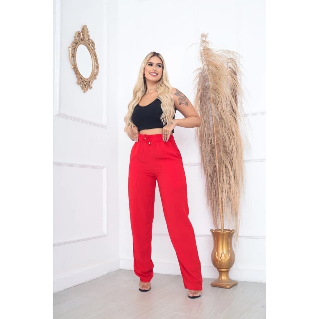Calça Pantalona Feminina Cintura Alta Tendência Moda Envio Rápido