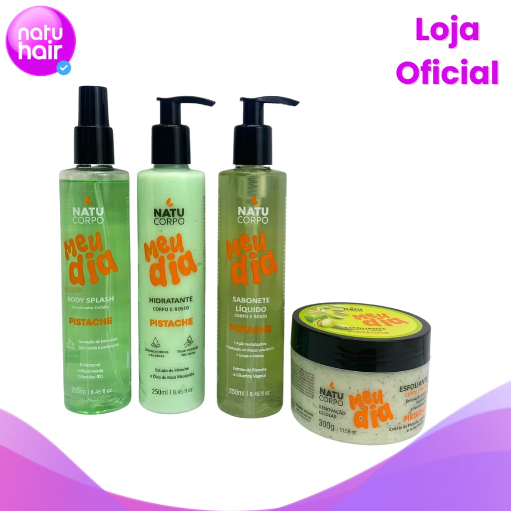 Kit Sabonete Líquido 250ml + Hidratante 250g + Body Splash 250ml+Esfoliante Pistache 300g
