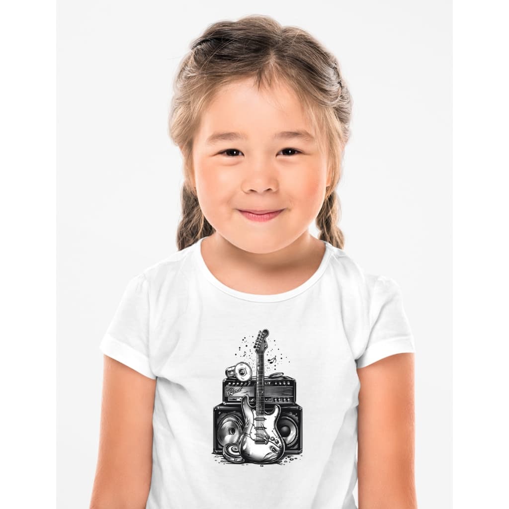 Camiseta Infantil Rock and Roll Guitarra e Amplificador Musica Músico