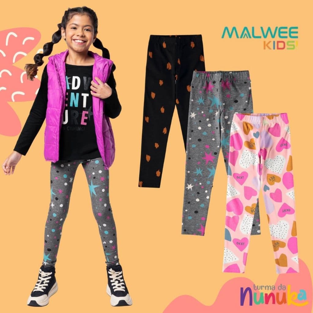 CALÇA LEGGING ESTAMPADA MENINA INFANTIL COTTON VARIADAS MALWEE KIDS