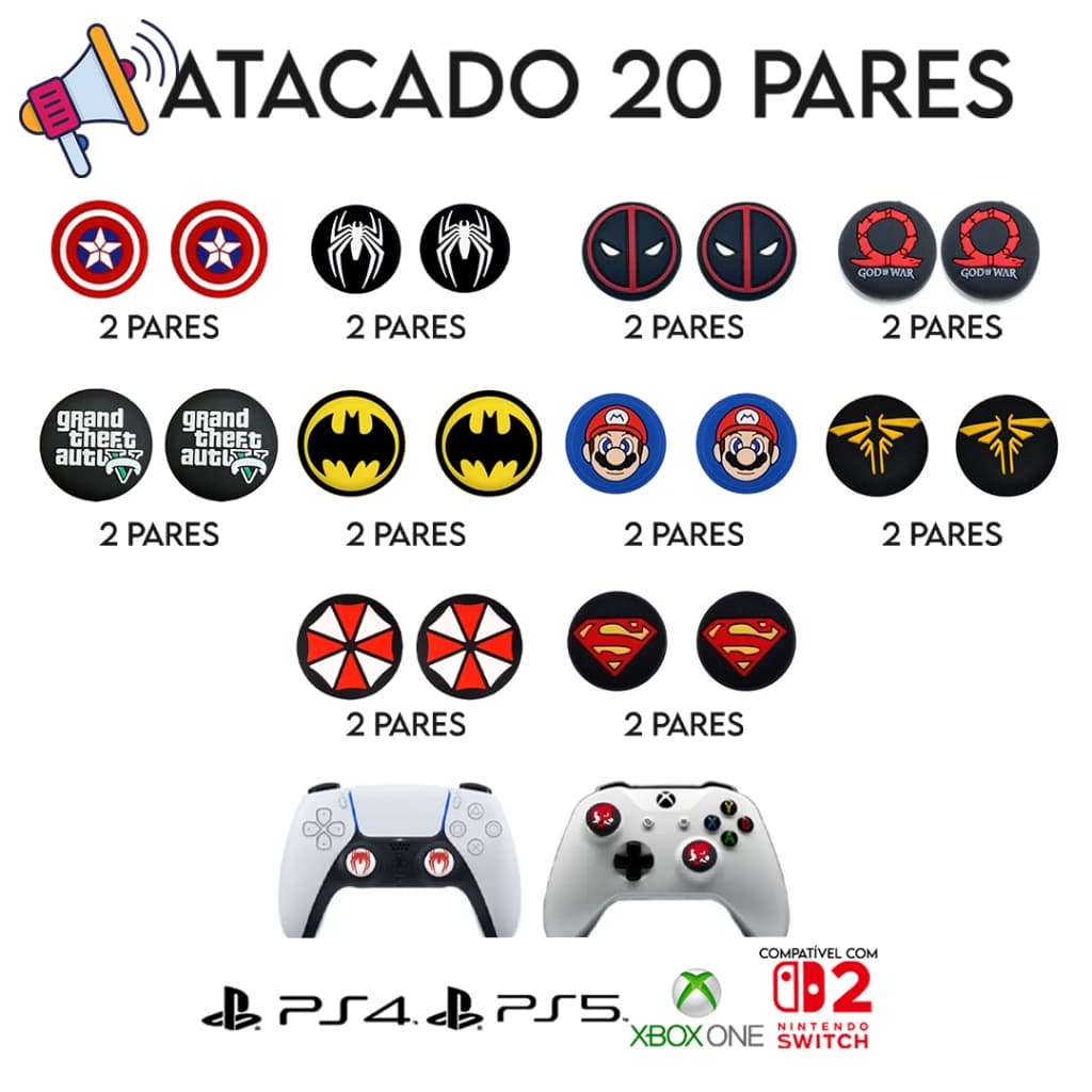 (ATACADO) KIT de Grip Personalizado Personagem 20 Pares e 10 Pares Compativeis com PS4 PS5 XBOX ONE SERIES SWITCH 2