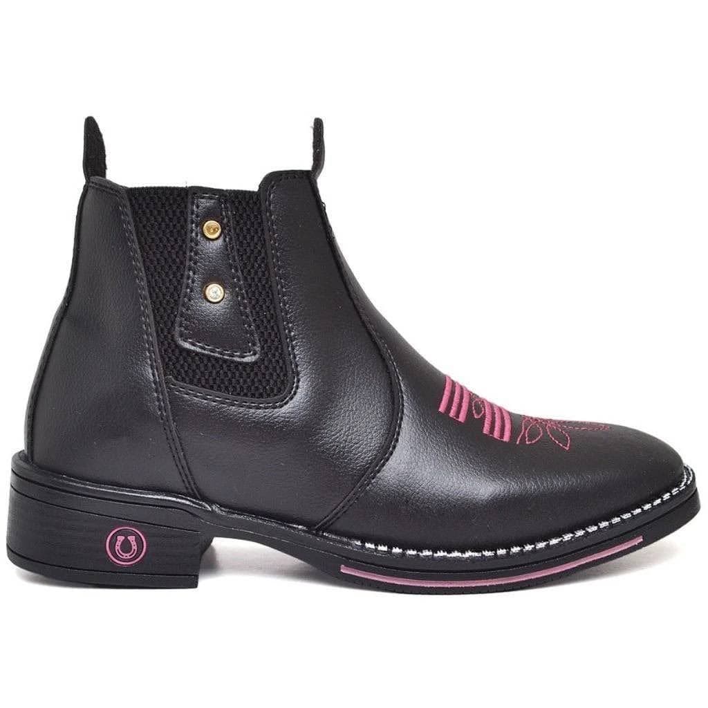 Botina Na Moda Botinas Confortaveis Na Cor Preta Com Bordado Rosa