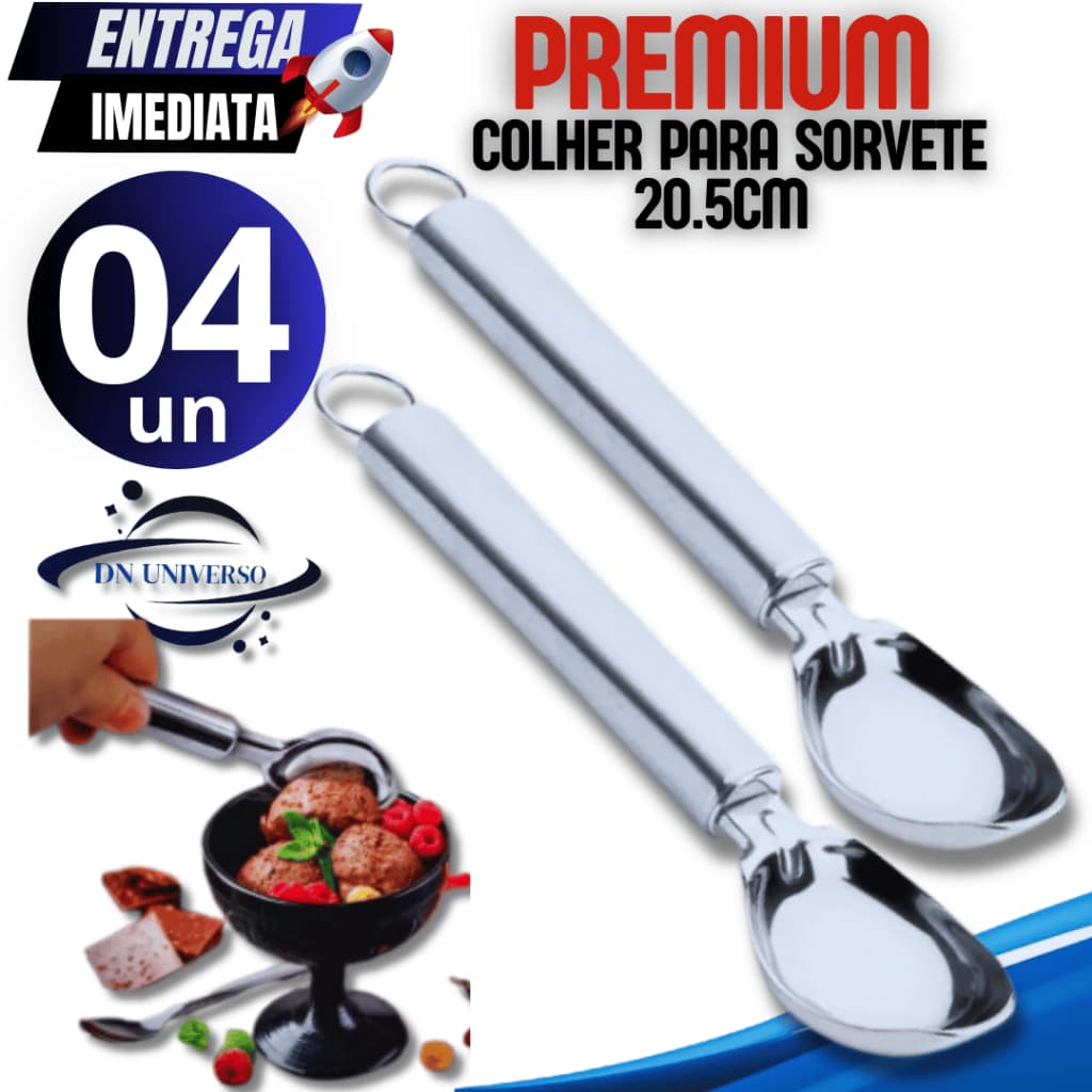 Jogo 04 Colheres Pegador De Sorvete E Açaí Concha Em Aço Inox 20,5cm Durabilidade e Resistencia linha premium