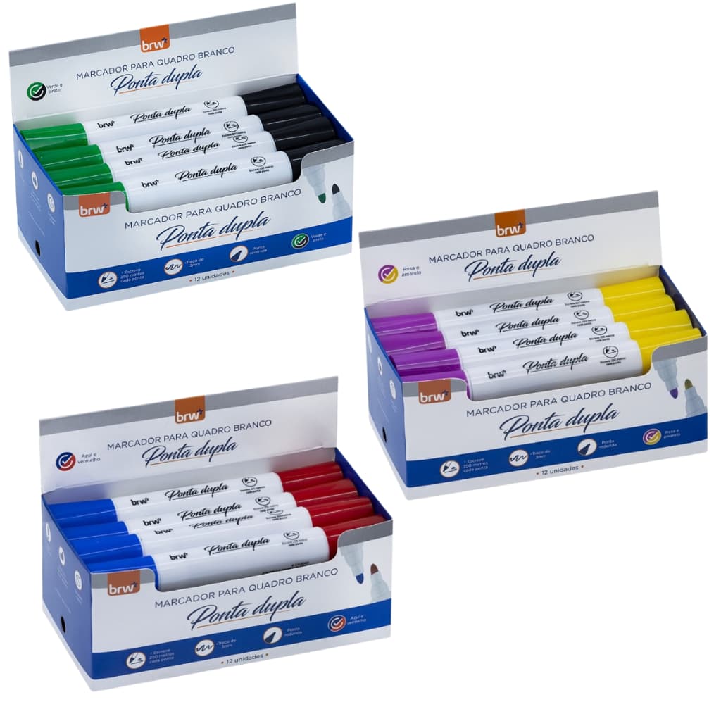 3 Caixas de Marcadores 2 em 1 para Quadro Branco – Ponta Dupla Duas Cores (12 un por caixa)