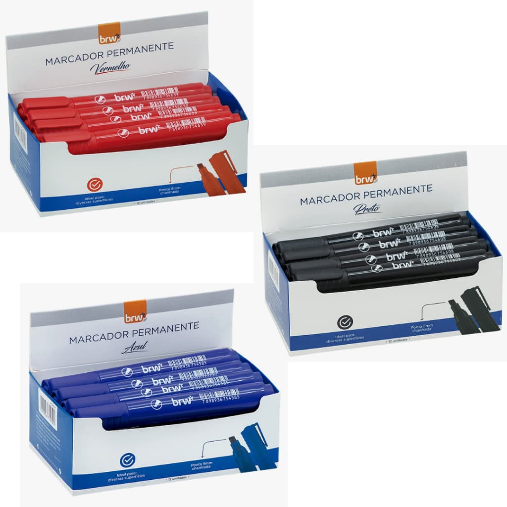 Kit 3 Caixas Marcadores Pincel Atômico Permanente Ponta Chanfrada BRW - 36 und OU 12 und de Pinceis