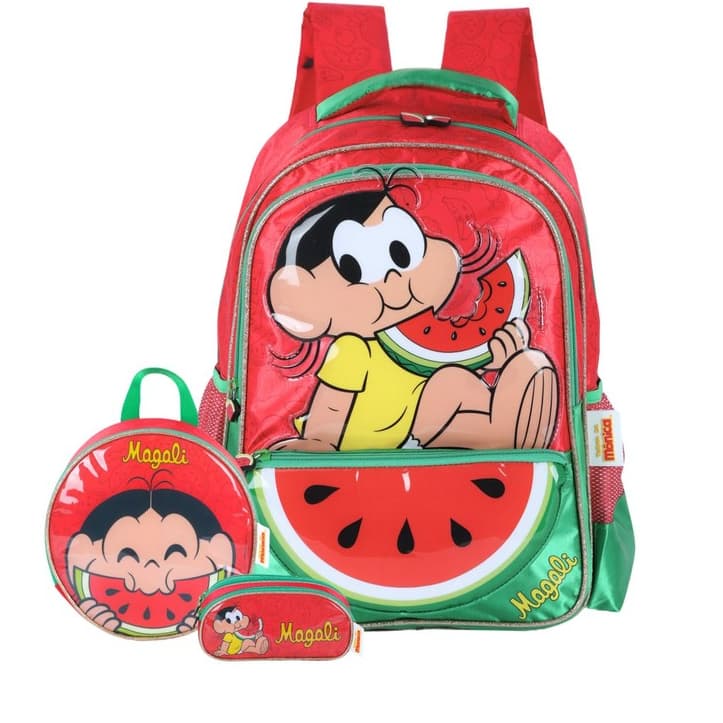 Kit Conjunto Escolar Turma da Monica Mochila Costas + Lancheira Térmica + Estojo Triplo