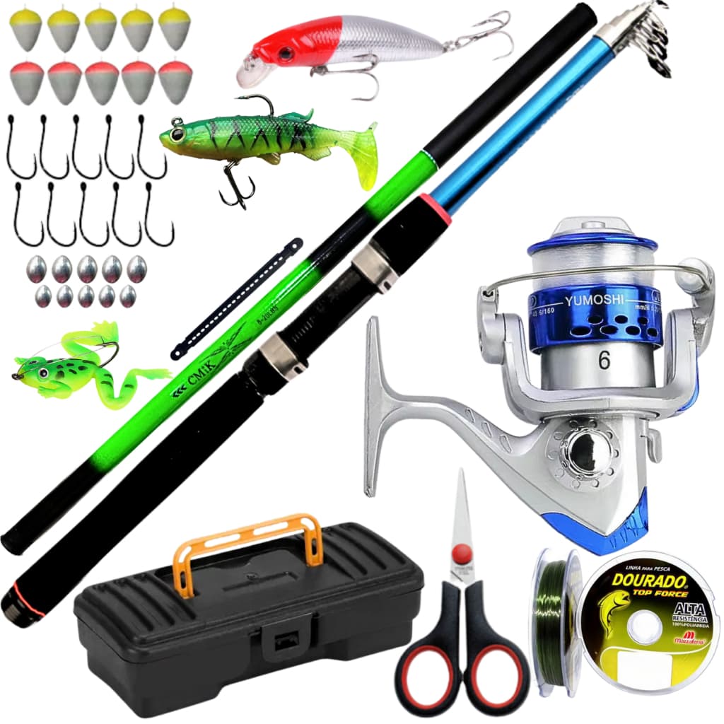 Molinete de Pesca e Vara Telescopica 1,80 Mão 3 metros Isca Artificial Kit Pescar Tucunaré Tilapia.
