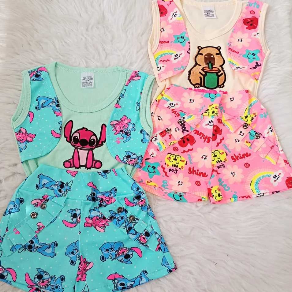Conjunto FLORAL Infantil Menina Criança Manga Curta Estampa de Desenho Sortido 2  4 6 Look Casual