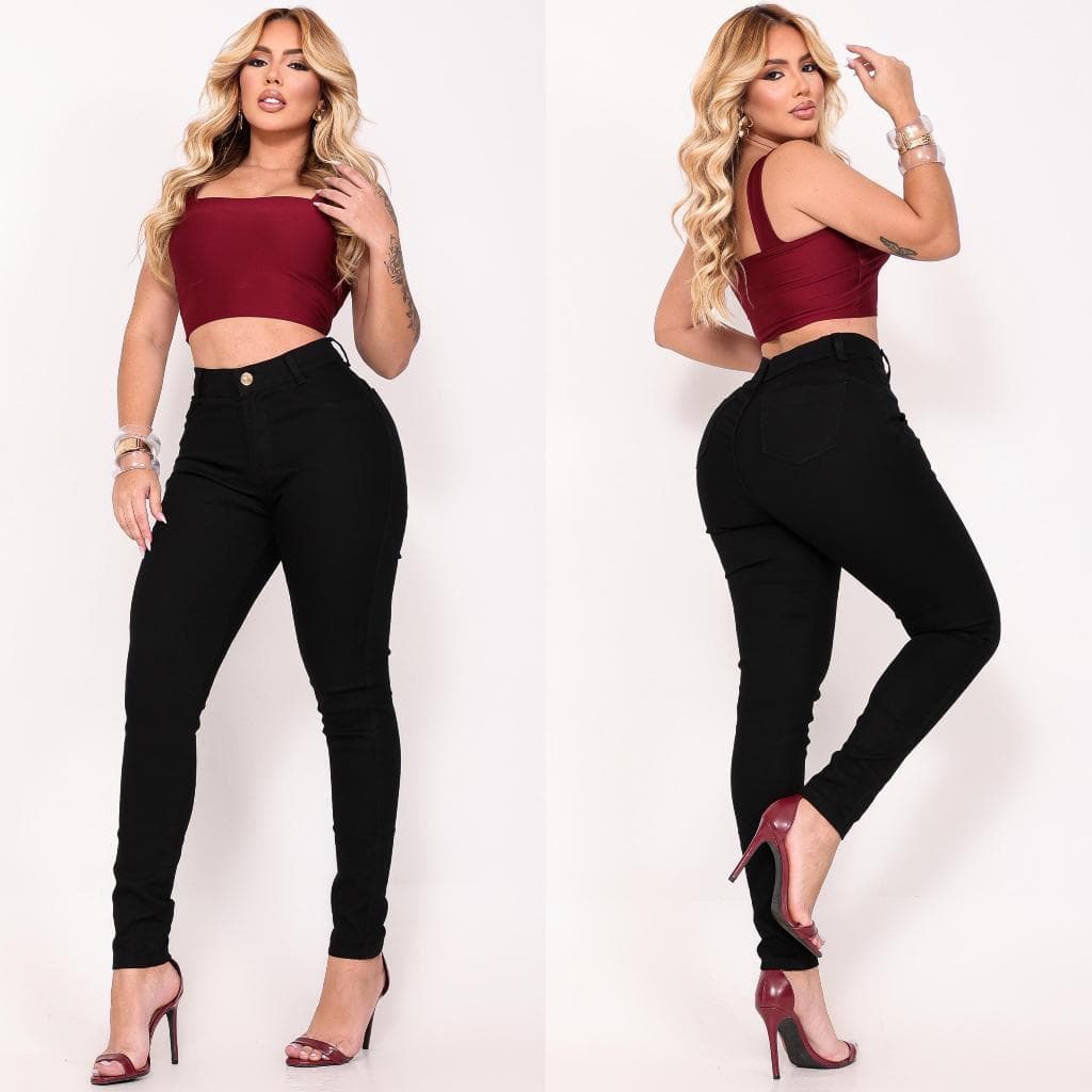 Calça Jeans Preta Feminina Cintura Alta Levanta Bumbum